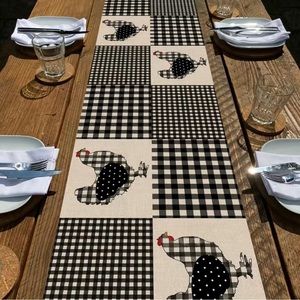 Rooster Hen Table Runner, Black White Buffalo Plaid 13X72  Chicken Chick Gingham